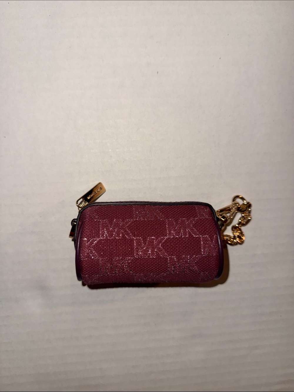 Michael Kors Burgundy MK Logo Mini Key Pouch with Gold Chain